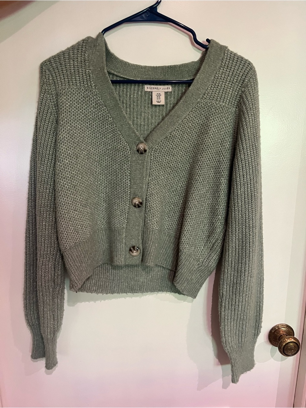 Sincerely Jules Sage Green V-Neck Button Front Cropped Cardigan
